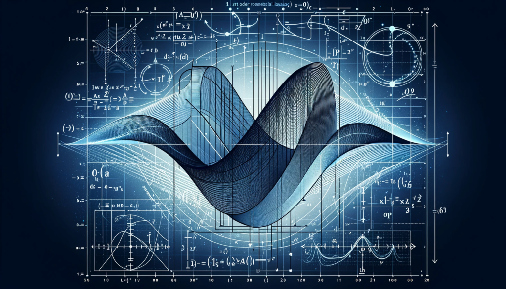 Lousa de sala de aula com equações diferenciais lineares e homogêneas escritas em giz, gráficos de funções e símbolos matemáticos