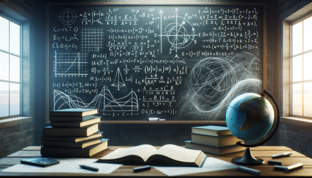 Lousa de sala de aula com equações diferenciais complexas escritas em giz, cercada por livros de matemática e um globo terrestre.