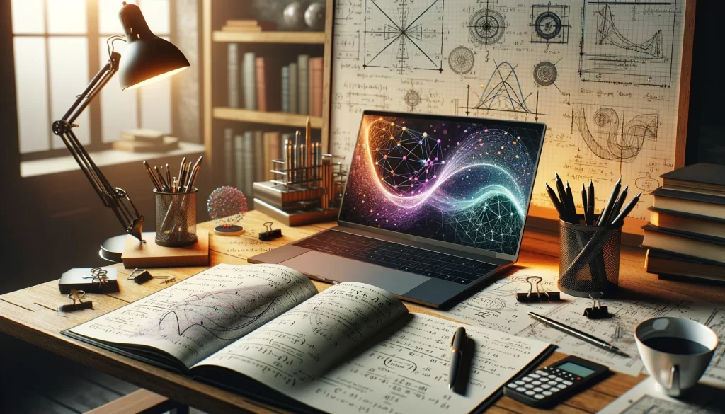 Mesa de estudo com livro de equações diferenciais, caneta e notebook com software de modelagem matemática