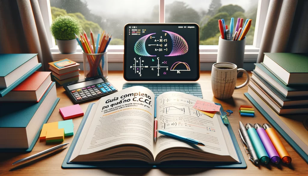 Mesa de estudo com livro 'Guia Completo para Quem Não é C.D.F. - Pré-Cálculo', notas adesivas, canetas e tablet com gráficos matemáticos