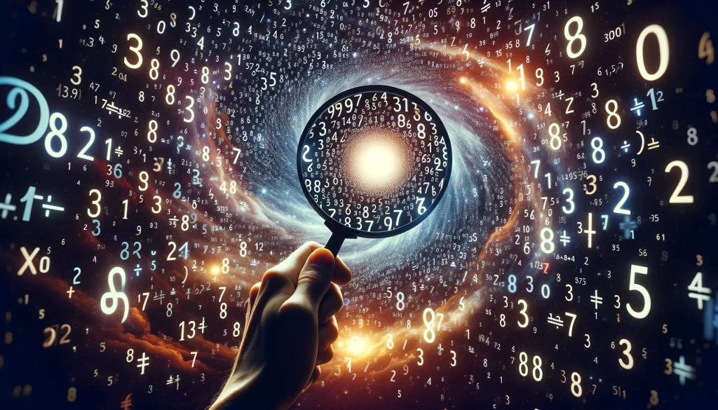 Mão com lupa analisando números infinitos simbolizando a convergência de séries numéricas.