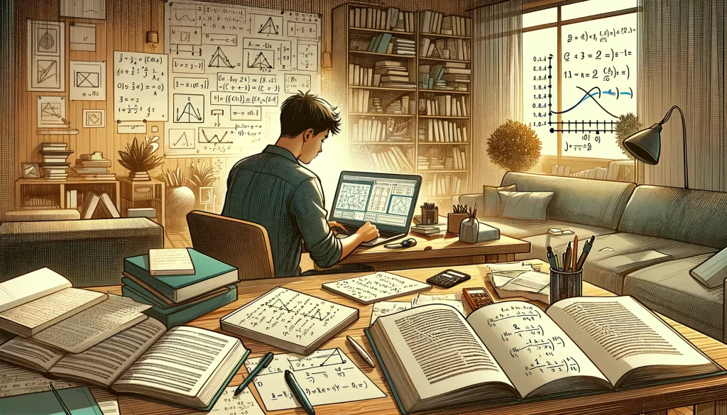 Estudante de engenharia resolvendo exercícios de E.D.O.'s lineares em um ambiente de estudo iluminado com livros e laptop.