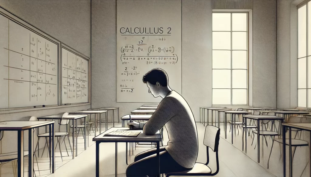 Aluno concentrado resolvendo uma prova de Cálculo 2 em uma sala de aula minimalista, com foco em diferenciabilidade.