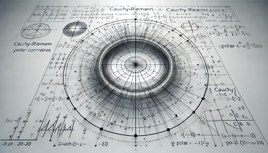 Ilustração de equações de Cauchy-Riemann em coordenadas polares, com linhas suaves e simetria radial destacada.